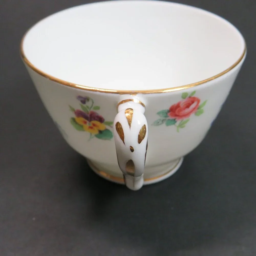 Crown Staffordshire Tea Cup & Saucer fine bone china Rose Pansy Gold Rim